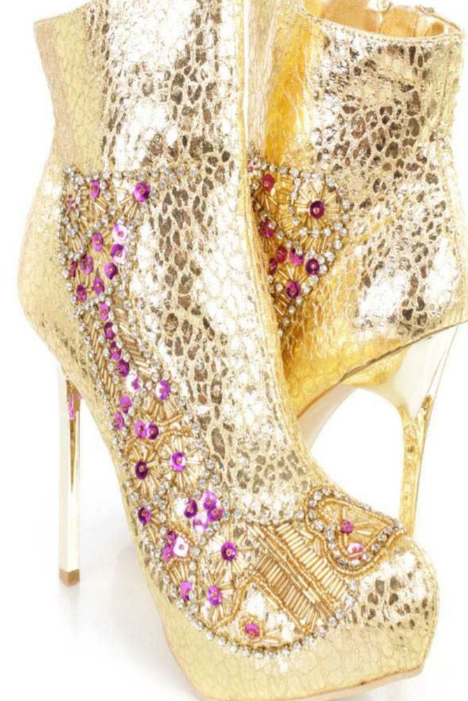 Gold Rhinestone Sequin Beaded High Heel Booties